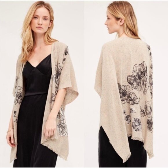 Anthropologie Petanu Floral Applique Kimono One Size Cashmere Wool Silk Sweater - Picture 1 of 7